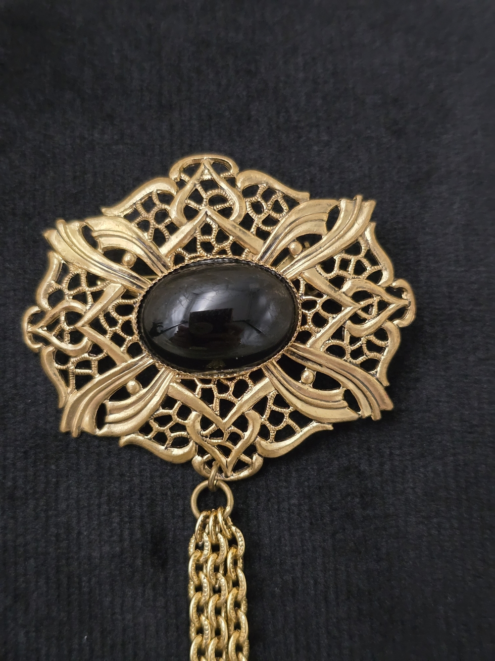 Signed Western Germany Gold Tone Filigree Black Cabochon Brooch